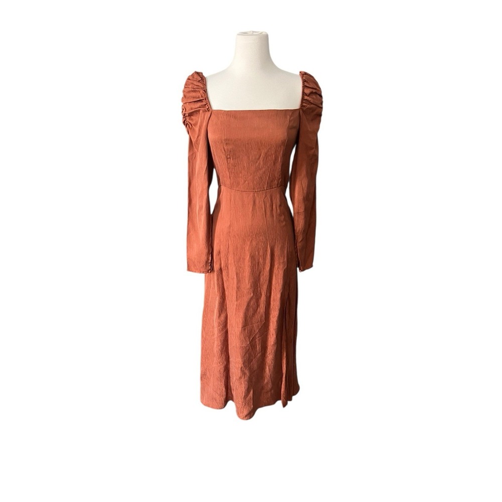 Little Lies XS Rust Midi Dress Puff Shoulder Long Sleeve Square Neck Romantic